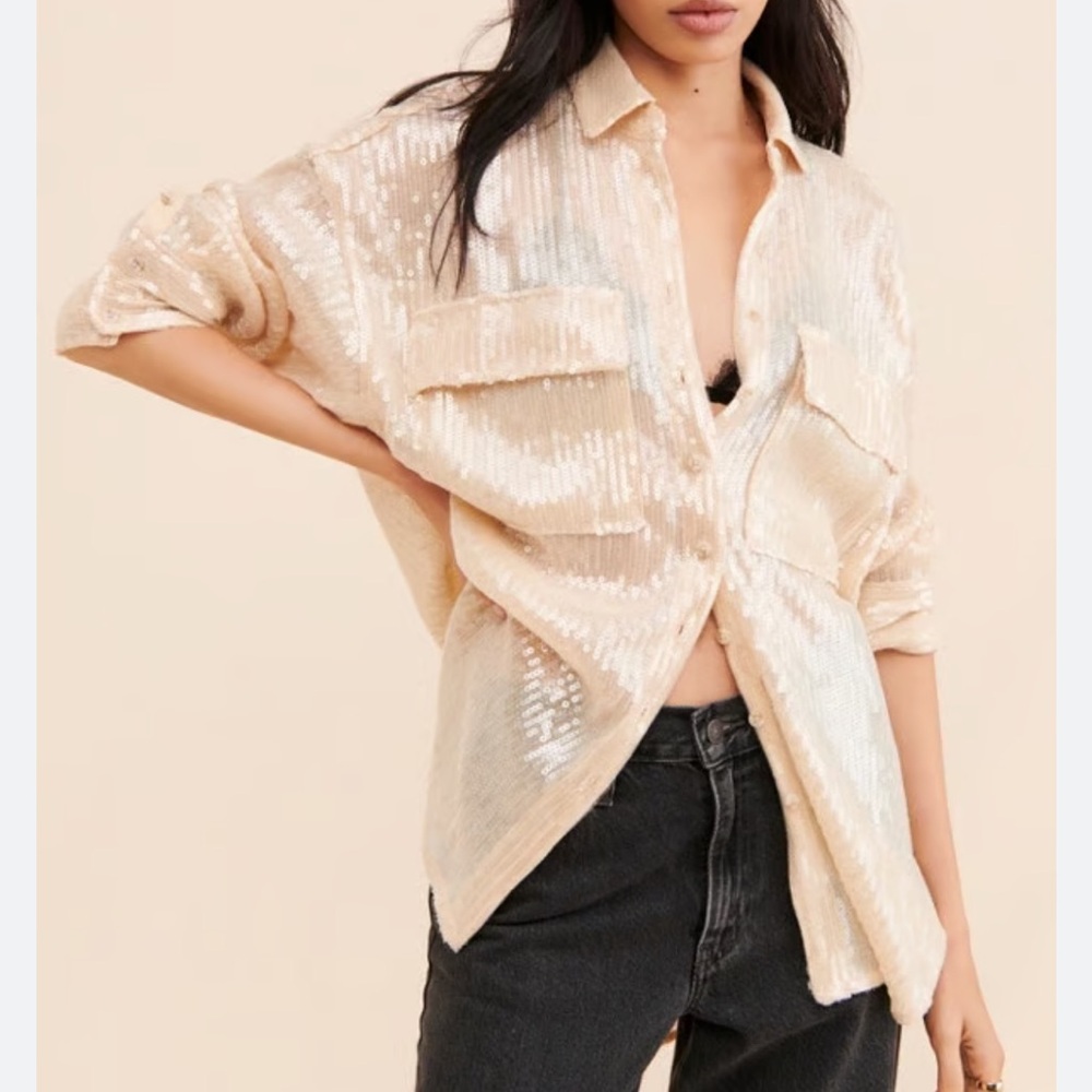 Anthropologie Cream Sequin Oversized Button Down Shirt